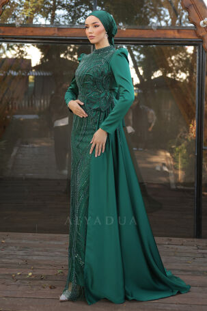 Special Satin Leaf Evening Dress with Flower Embroidery - Emerald - 4