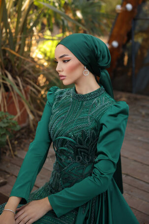 Special Satin Leaf Evening Dress with Flower Embroidery - Emerald - 6