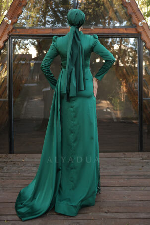 Special Satin Leaf Evening Dress with Flower Embroidery - Emerald - 2