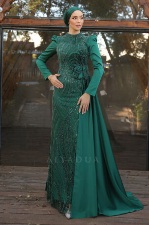 Special Satin Leaf Evening Dress with Flower Embroidery - Emerald 