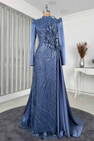 Special Satin Leaf Evening Dress with Flower Embroidery - Indigo 