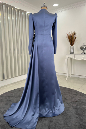 Special Satin Leaf Evening Dress with Flower Embroidery - Indigo - 2