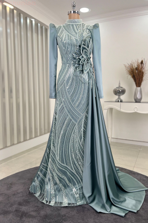 Special Satin Leaf Evening Dress with Flower Embroidery - Mint - 1