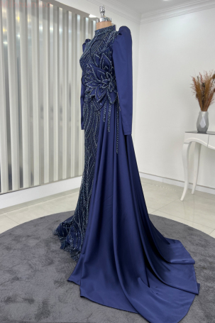 Special Satin Leaf Evening Dress with Flower Embroidery - Navy Blue - 4