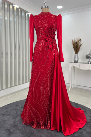 Special Satin Leaf Evening Dress with Flower Embroidery - Red - Rana Zenn