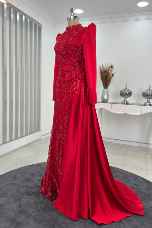 Special Satin Leaf Evening Dress with Flower Embroidery - Red - 4