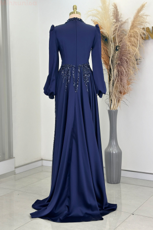 Stone and Drape Detailed Cape Tailed Incilay Evening Dress - Navy Blue - 2