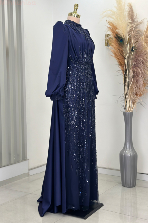 Stone and Drape Detailed Cape Tailed Incilay Evening Dress - Navy Blue - 4