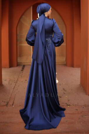 Stone and Drape Detailed Cape Tailed Incilay Evening Dress - Navy Blue - 2