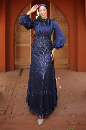 Stone and Drape Detailed Cape Tailed Incilay Evening Dress - Navy Blue - 4