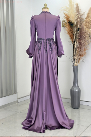 Stone and Drape Detailed Cape Tailored Incilay Evening Gown - Lilac - 2