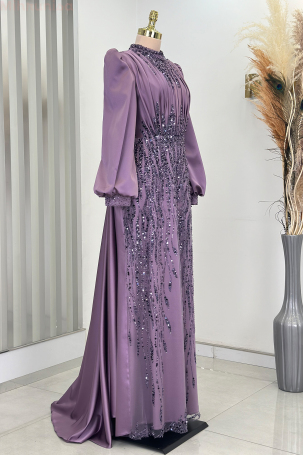 Stone and Drape Detailed Cape Tailored Incilay Evening Gown - Lilac - 4