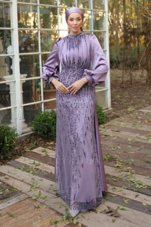 Stone and Drape Detailed Cape Tailored Incilay Evening Gown - Lilac - Rana Zenn