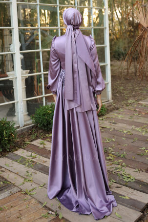 Stone and Drape Detailed Cape Tailored Incilay Evening Gown - Lilac - 2