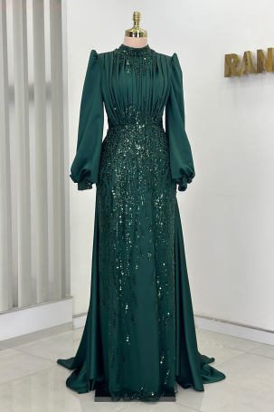 Stone and Drape Detailed Cape Train Embellished Evening Dress - Emerald - Rana Zenn