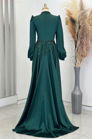 Stone and Drape Detailed Cape Train Embellished Evening Dress - Emerald - 2