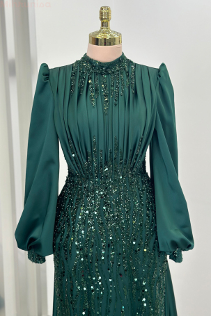 Stone and Drape Detailed Cape Train Embellished Evening Dress - Emerald - 3