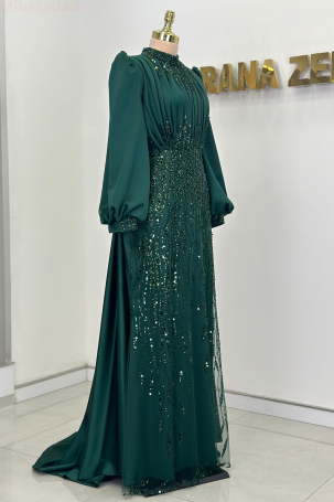 Stone and Drape Detailed Cape Train Embellished Evening Dress - Emerald - 4