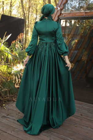 Stone and Drape Detailed Cape Train Embellished Evening Dress - Emerald - 2