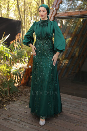 Stone and Drape Detailed Cape Train Embellished Evening Dress - Emerald - Rana Zenn