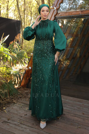 Stone and Drape Detailed Cape Train Embellished Evening Dress - Emerald - 4