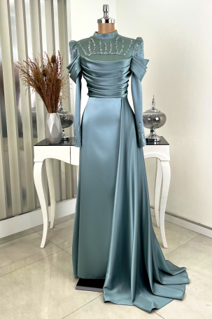 Stone Cape Dream Evening Dress with Tail Detail - Mint - Rana Zenn