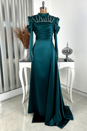 Stone Cape with Tail Detail Dream Evening Dress - Emerald 