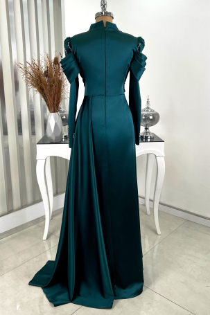 Stone Cape with Tail Detail Dream Evening Dress - Emerald - 2