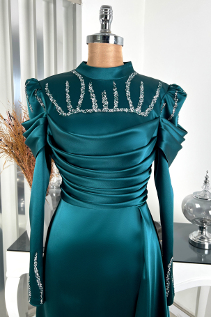 Stone Cape with Tail Detail Dream Evening Dress - Emerald - 3