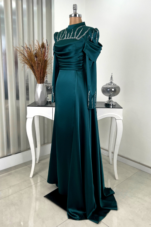 Stone Cape with Tail Detail Dream Evening Dress - Emerald - 4