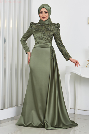 Stone-embellished, sequined tail satin Rosa evening gown - Khaki. 