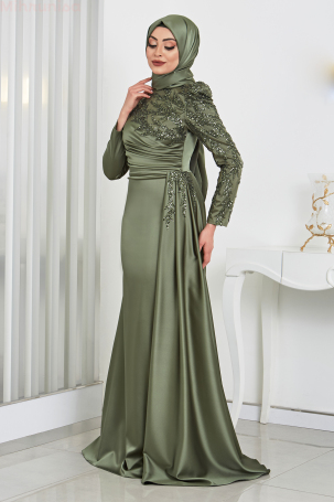 Stone-embellished, sequined tail satin Rosa evening gown - Khaki. - 2