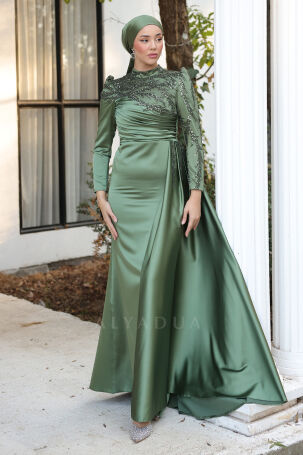 Stone-embellished, sequined tail satin Rosa evening gown - Khaki. 