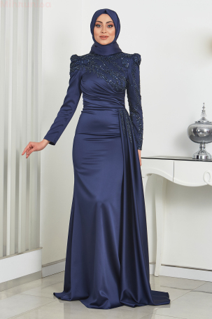 Stone-embellished, sequined tail satin Rosa evening gown - Navy Blue - 1