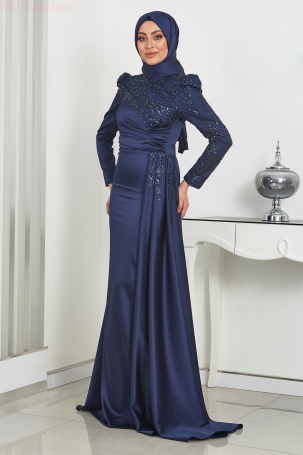 Stone-embellished, sequined tail satin Rosa evening gown - Navy Blue - 2