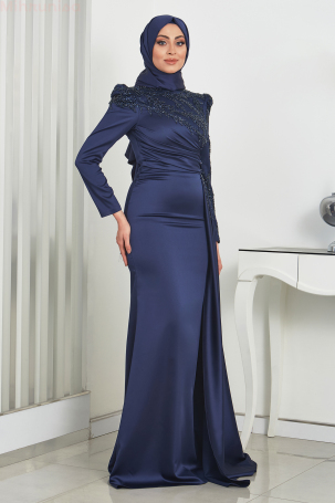 Stone-embellished, sequined tail satin Rosa evening gown - Navy Blue - 4