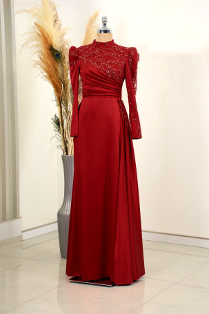 Stone-embellished Tailored Satin Rosa Evening Gown - Red - 1