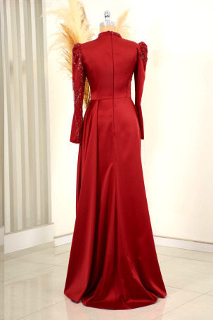 Stone-embellished Tailored Satin Rosa Evening Gown - Red - 2