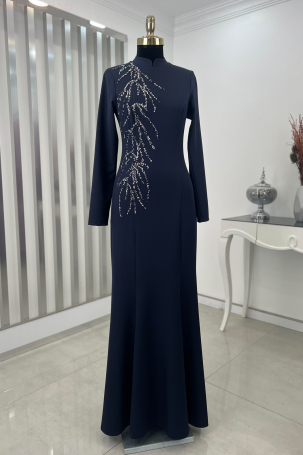 Stone Processing Spring Evening Dress - Navy Blue 