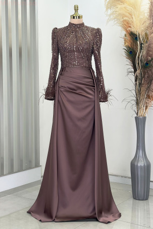 Tail and Detailed Processing, Sleeves with Feathers, Satin Sherry Evening Dress - Coffee - Rana Zenn