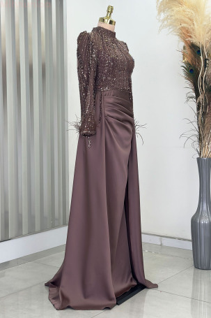 Tail and Detailed Processing, Sleeves with Feathers, Satin Sherry Evening Dress - Coffee - 4