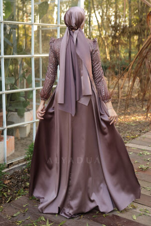 Tail and Detailed Processing, Sleeves with Feathers, Satin Sherry Evening Dress - Coffee - 2