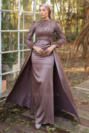 Tail and Detailed Processing, Sleeves with Feathers, Satin Sherry Evening Dress - Coffee - 4