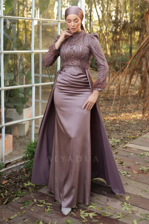 Tail and Detailed Processing, Sleeves with Feathers, Satin Sherry Evening Dress - Coffee - Rana Zenn