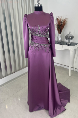 Tail Detail Stone Embroidered Satin Evening Dress - Lilac 