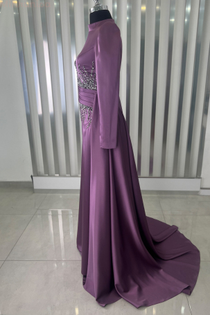 Tail Detail Stone Embroidered Satin Evening Dress - Lilac - 2