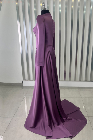 Tail Detail Stone Embroidered Satin Evening Dress - Lilac - 4