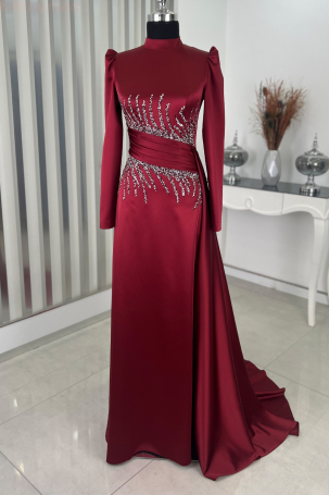 Tail Detail Stone Look Satin Evening Dress - Burgundy 