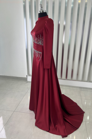 Tail Detail Stone Look Satin Evening Dress - Burgundy - 2