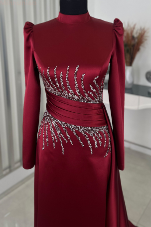 Tail Detail Stone Look Satin Evening Dress - Burgundy - 3